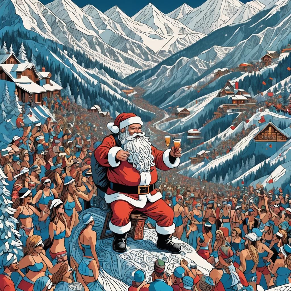 Festive Après Ski Party with Santa, Abstract Vector Art