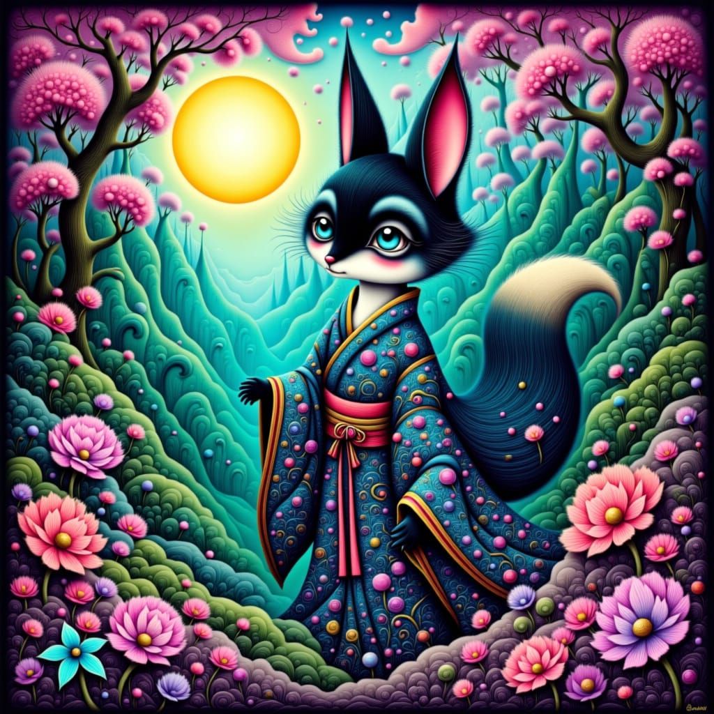 Luminous Kitsune in Moonlit Cherry Blossom Forest