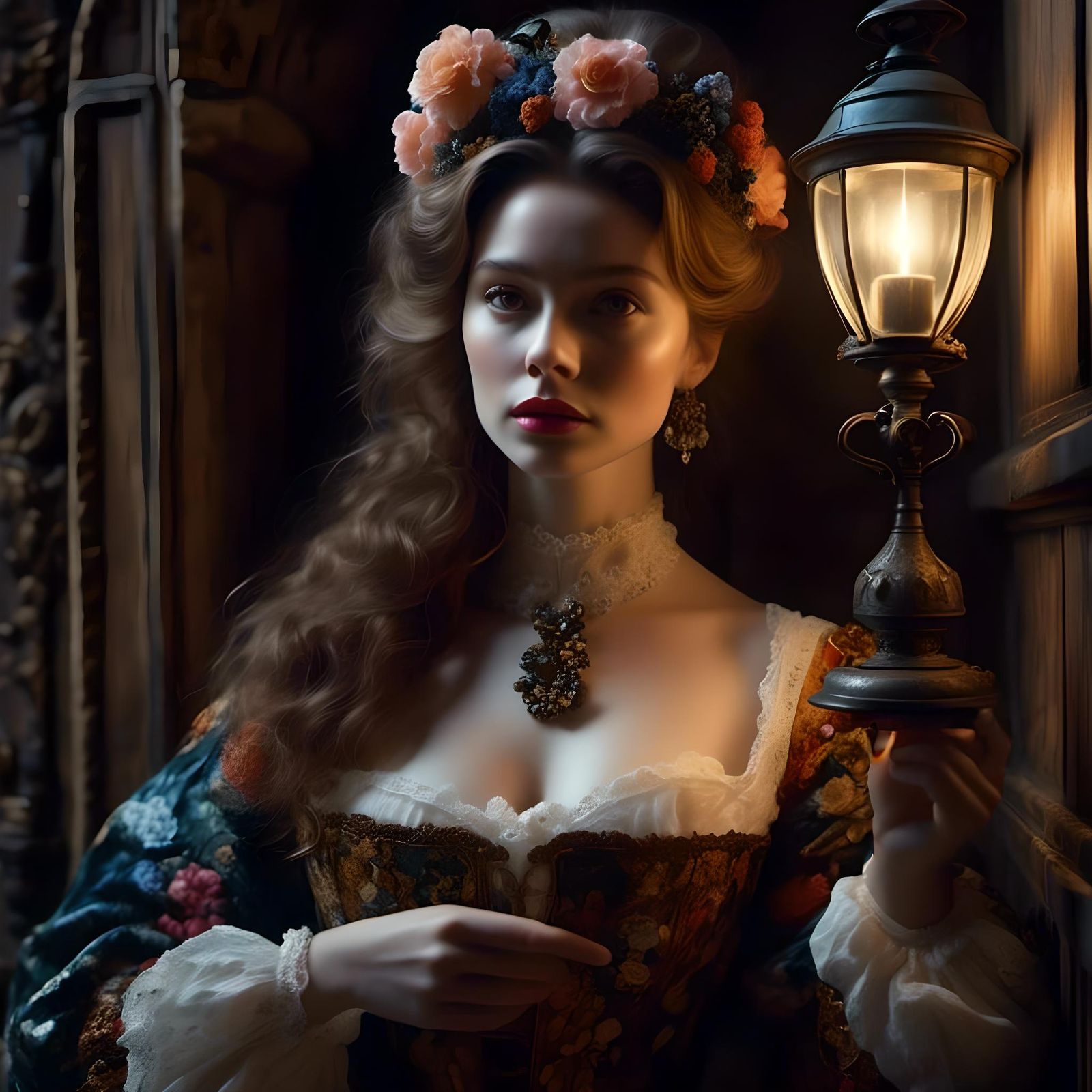 Medieval Lady with Lantern: Hyperrealistic Encaustic Portrai...