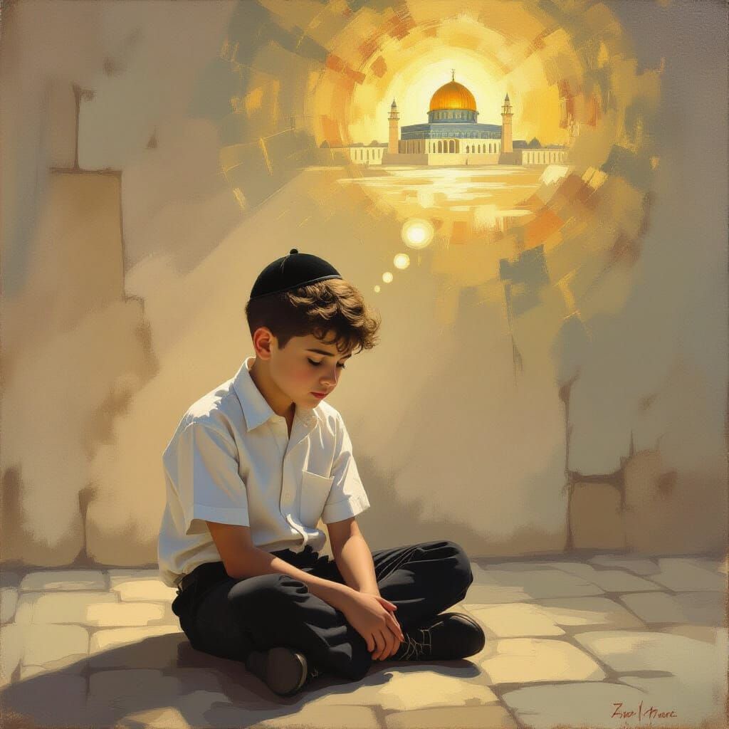 Contemplative Haredi Boy with Temple Vision in Expressionist...