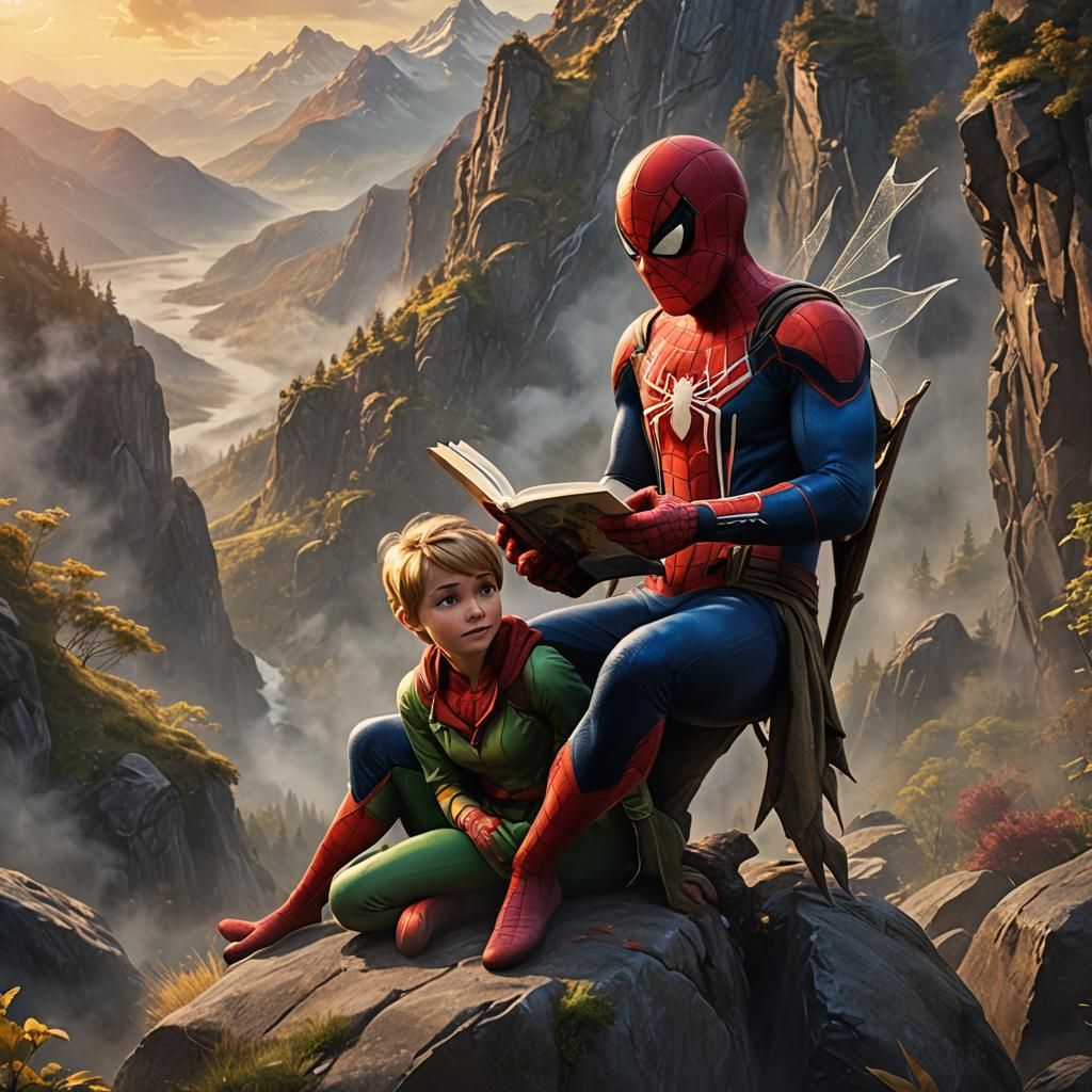 Spiderman and Tinkerbell Reading, Vivid Oil Painting