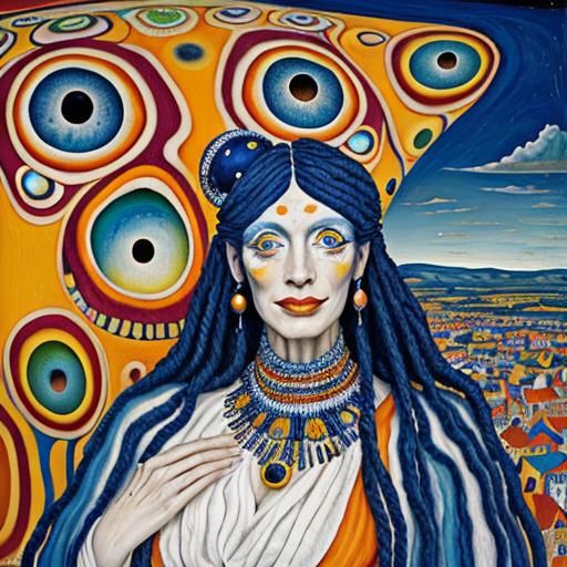 Cosmic Travelers in Colorful Landscape, Oil Painting Style