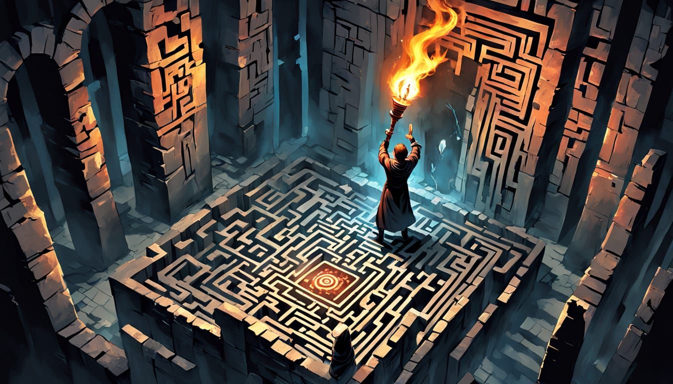 Torchbearer in Dark Labyrinth Digital Painting