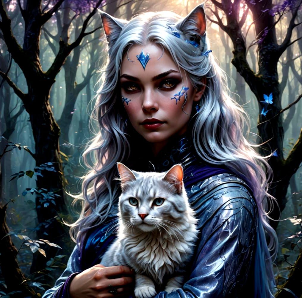 Ethereal Cat Woman with Pet Cat: Fantasy Art