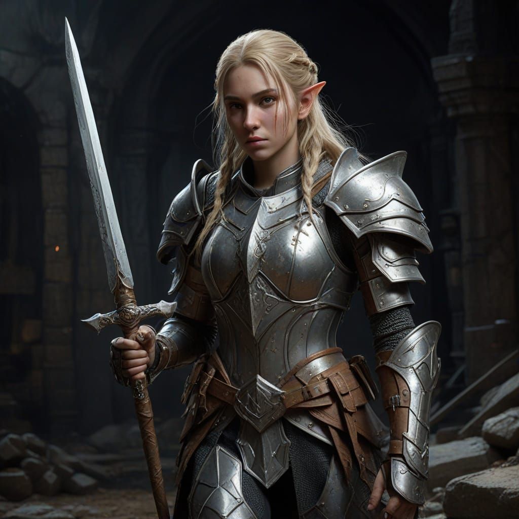 Rugged Blonde Elf Knight in Battle-Scarred Armor
