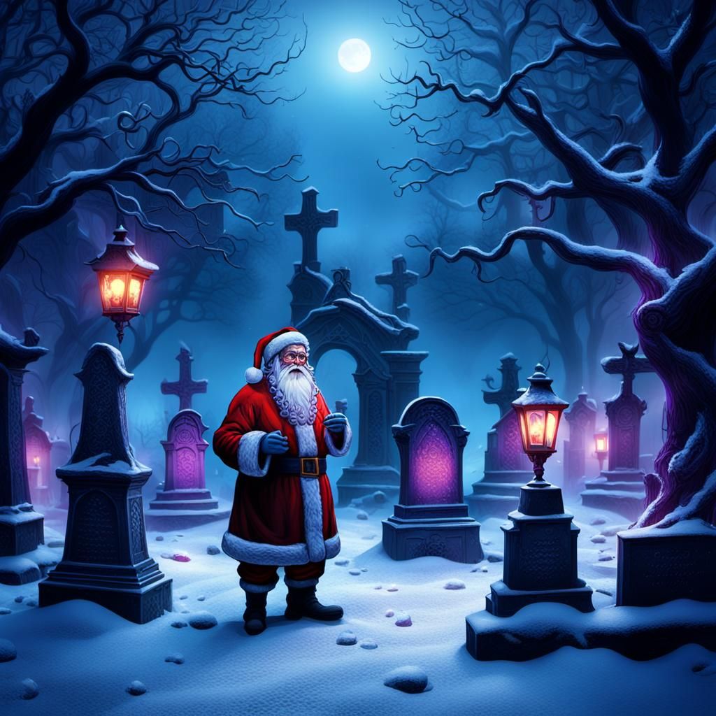 Mysterious Santa Claus in a Haunting Christmas Graveyard