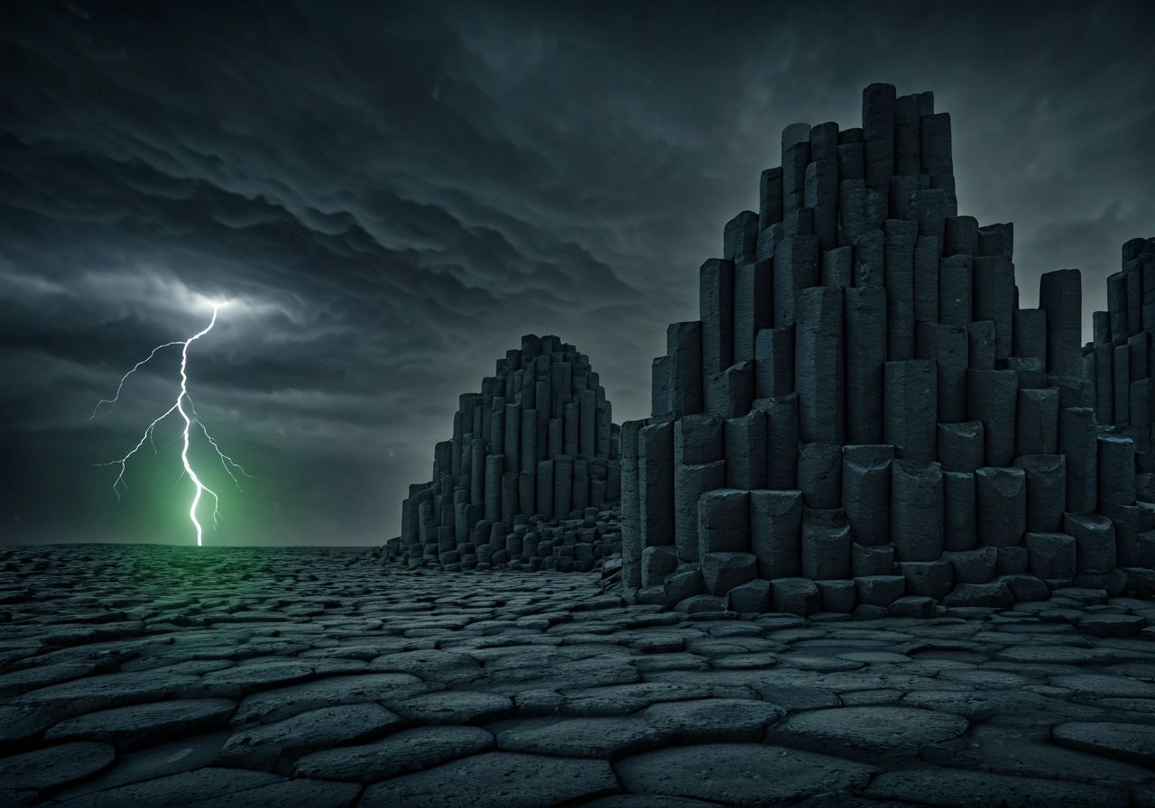 Desolate Basalt Columns in Black Dust Storm