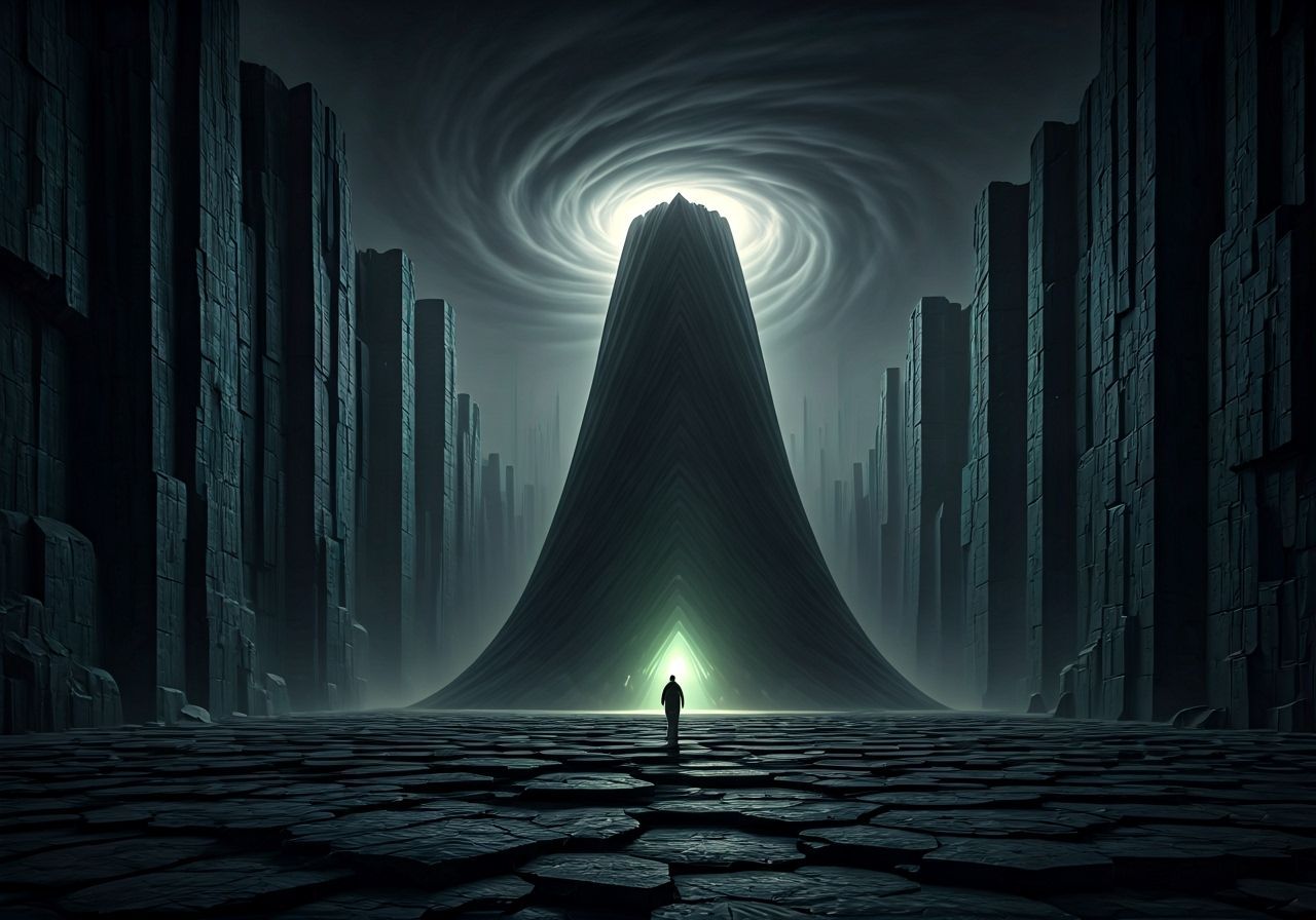 Basalt Columns in Swirling Dust Storm with Lightning