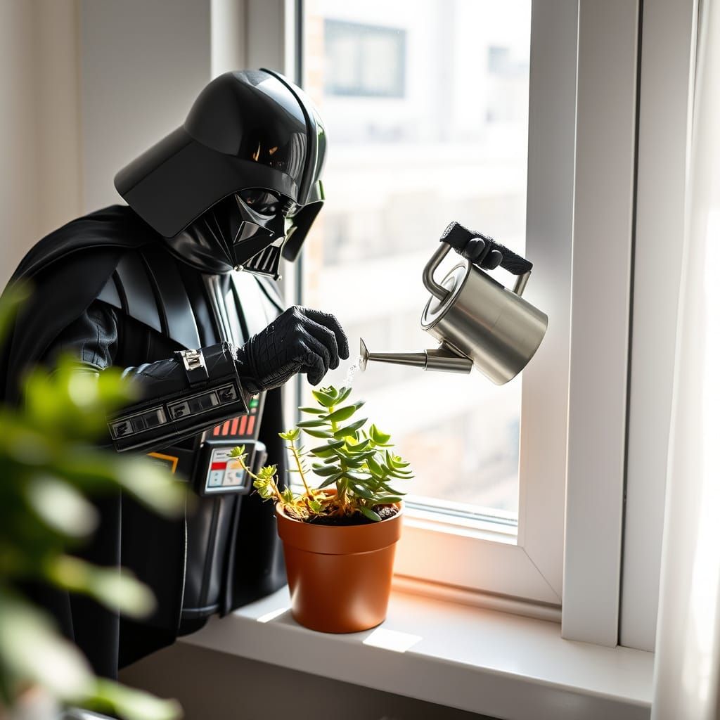 Darth Vader Tends to a Thriving Succulent