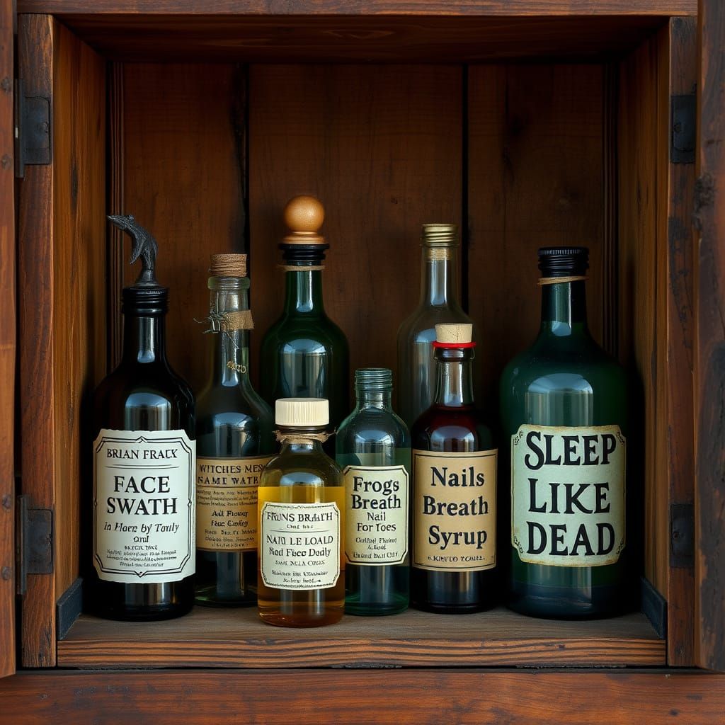 Whimsical Witches' Apothecary in a Rustic Wooden Cabinet