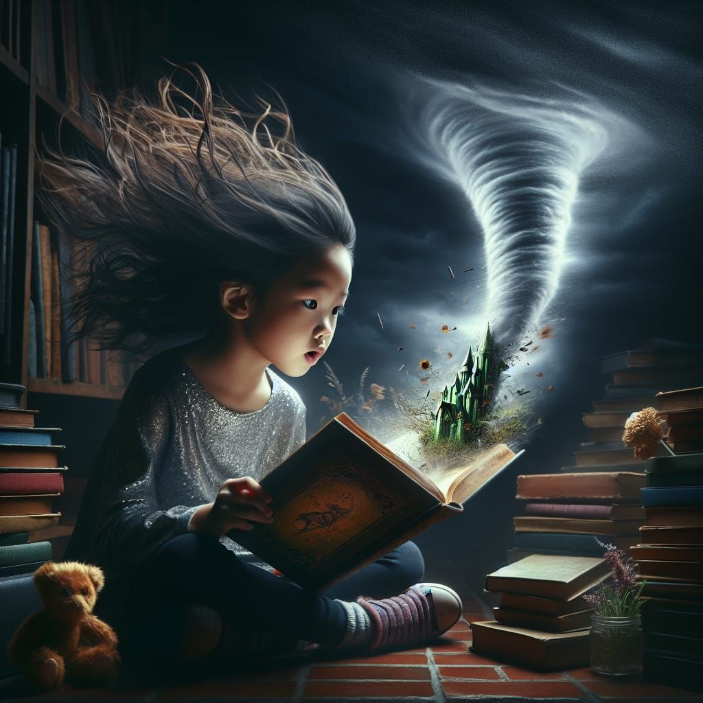 Girl Reading Wizard of Oz with Tornado