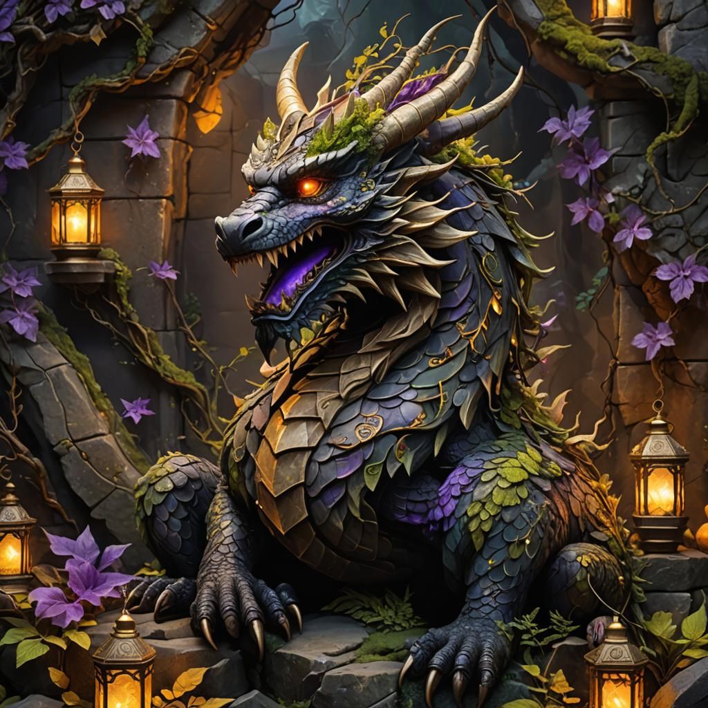 Ancient Guardian Dragon with Runes, Dark Fantasy Concept Art