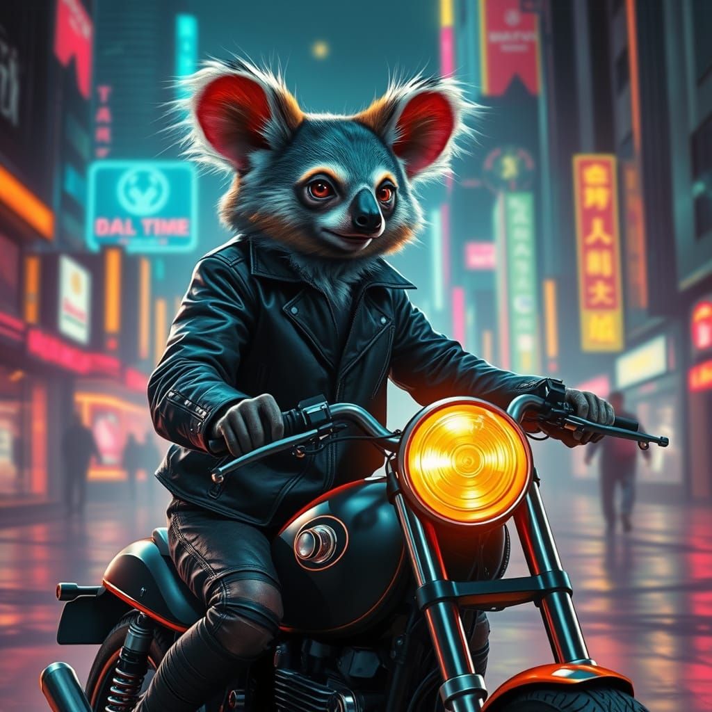 Koalagato Rides Motorcycle in Cyberpunk Cityscape