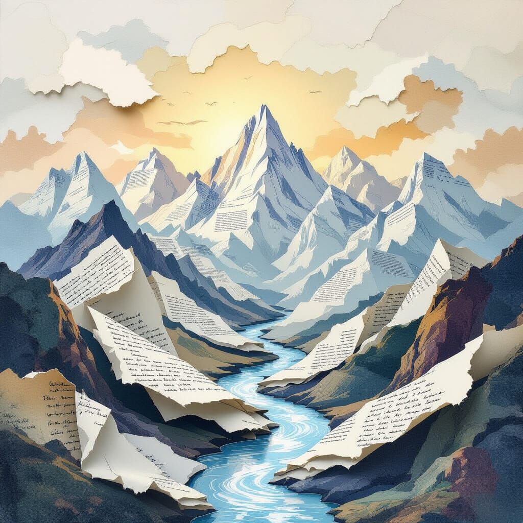 Surreal Paper Mountains Landscape With Ink Bleed