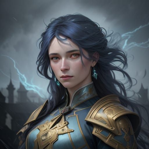 Regal Woman Defies Winter Storm in Vibrant Oil Painting