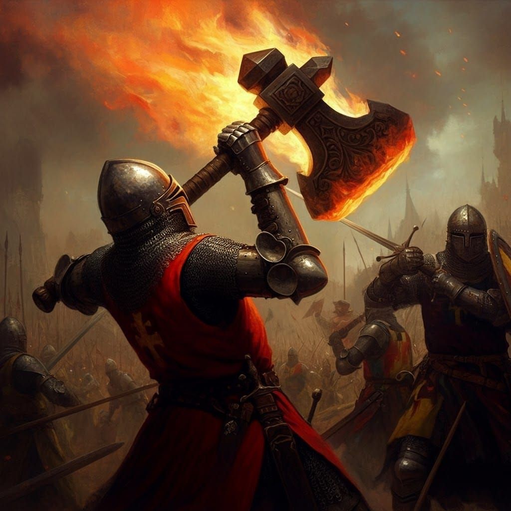 Medieval Knight Battles Warriors with Flaming Hammer