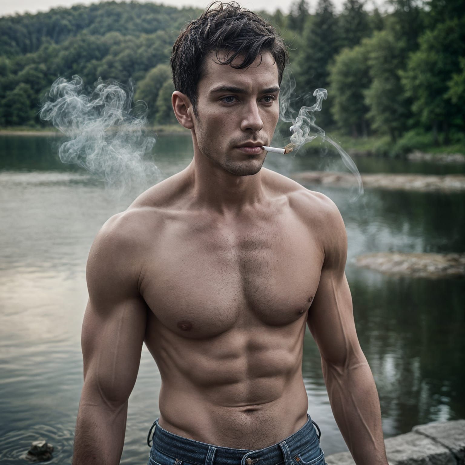 Muscular Man Smoking Cigarette by Lake, Cinematic Portrait