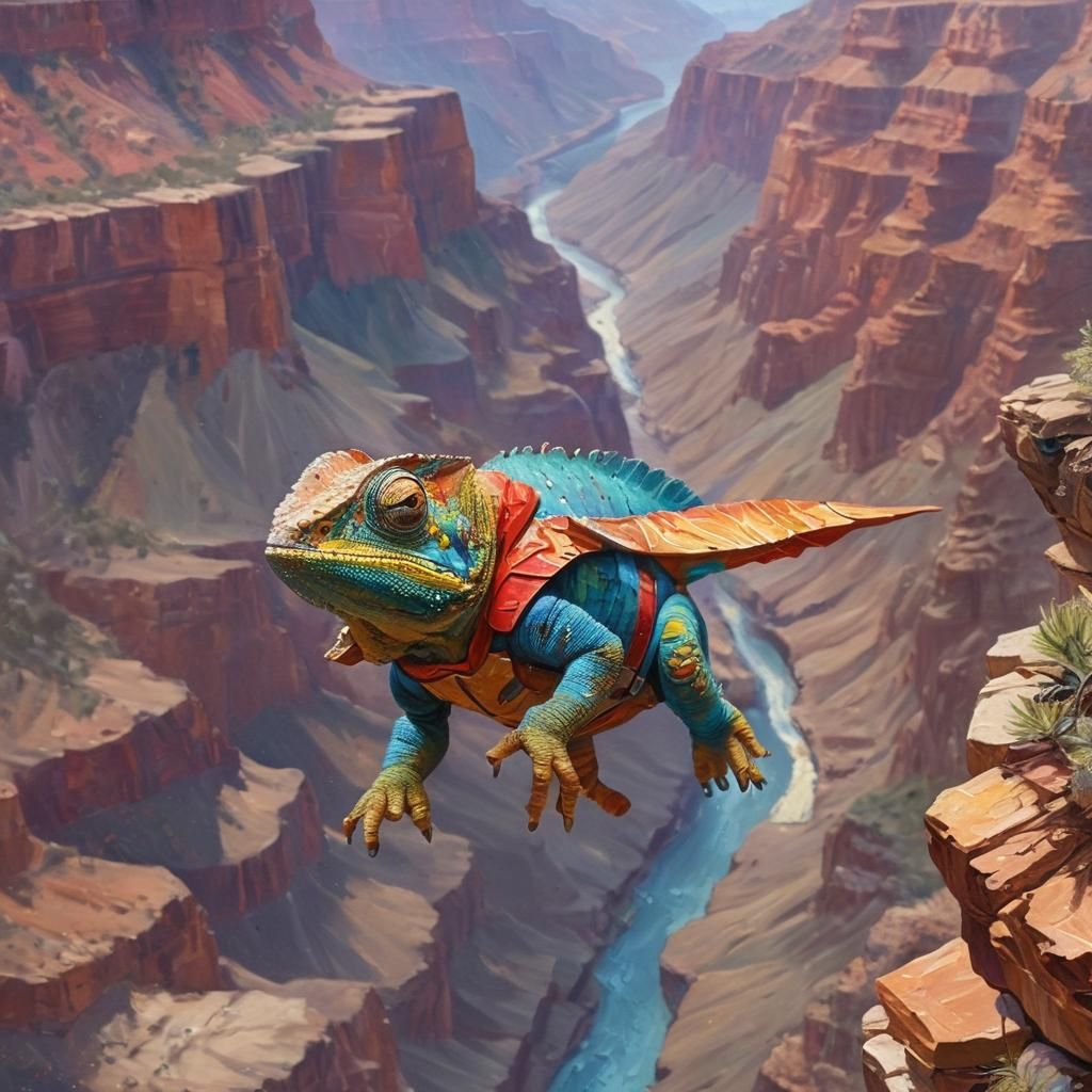 Chameleon Superhero Flies Over Grand Canyon in Neo-Impressio...