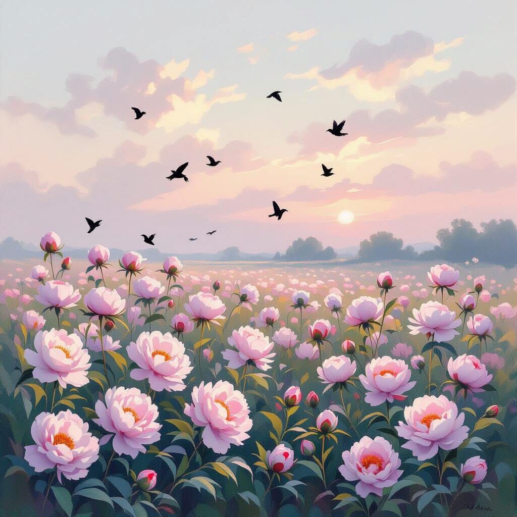 Dreamlike Dawn Peony Field with Birds in Impressionist Style