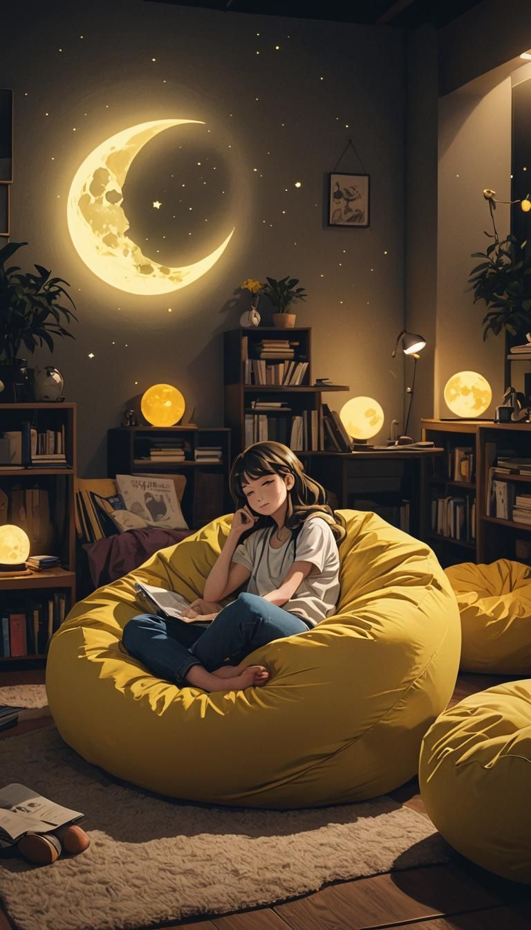 Anime Girl Relaxing on Moon Beanbag