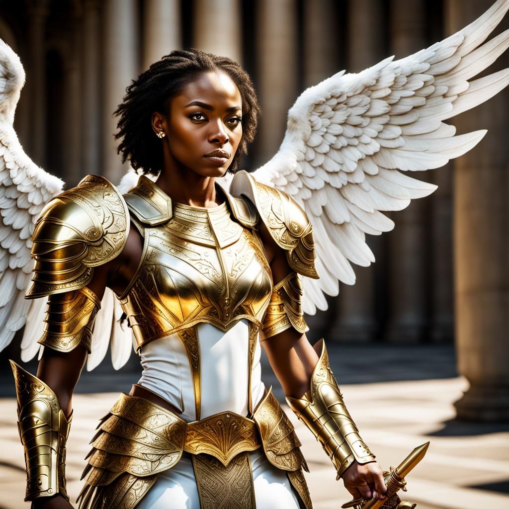 Golden Armored Angel with Sword, Hyperrealistic