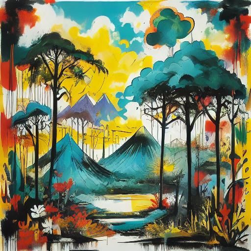 Jungle Volcano Scene in Detailed Sketch Style