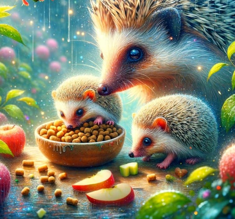 Whimsical Hedgehog Family Savoring Kibble in a Serene Garden