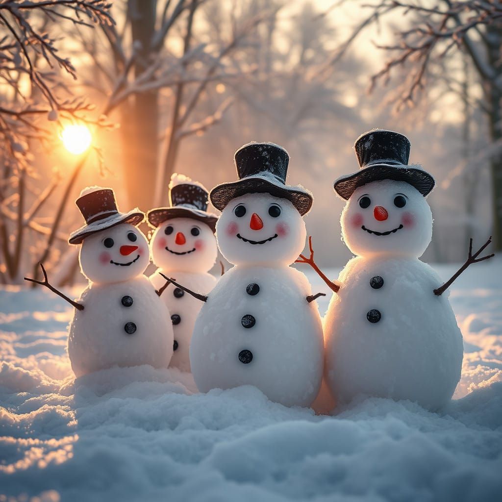 Impeccably Detailed Snowmen Family in Golden Morning Light