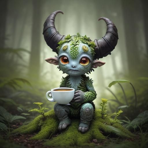 Cute Horned Alien Animal Drinking Coffee
