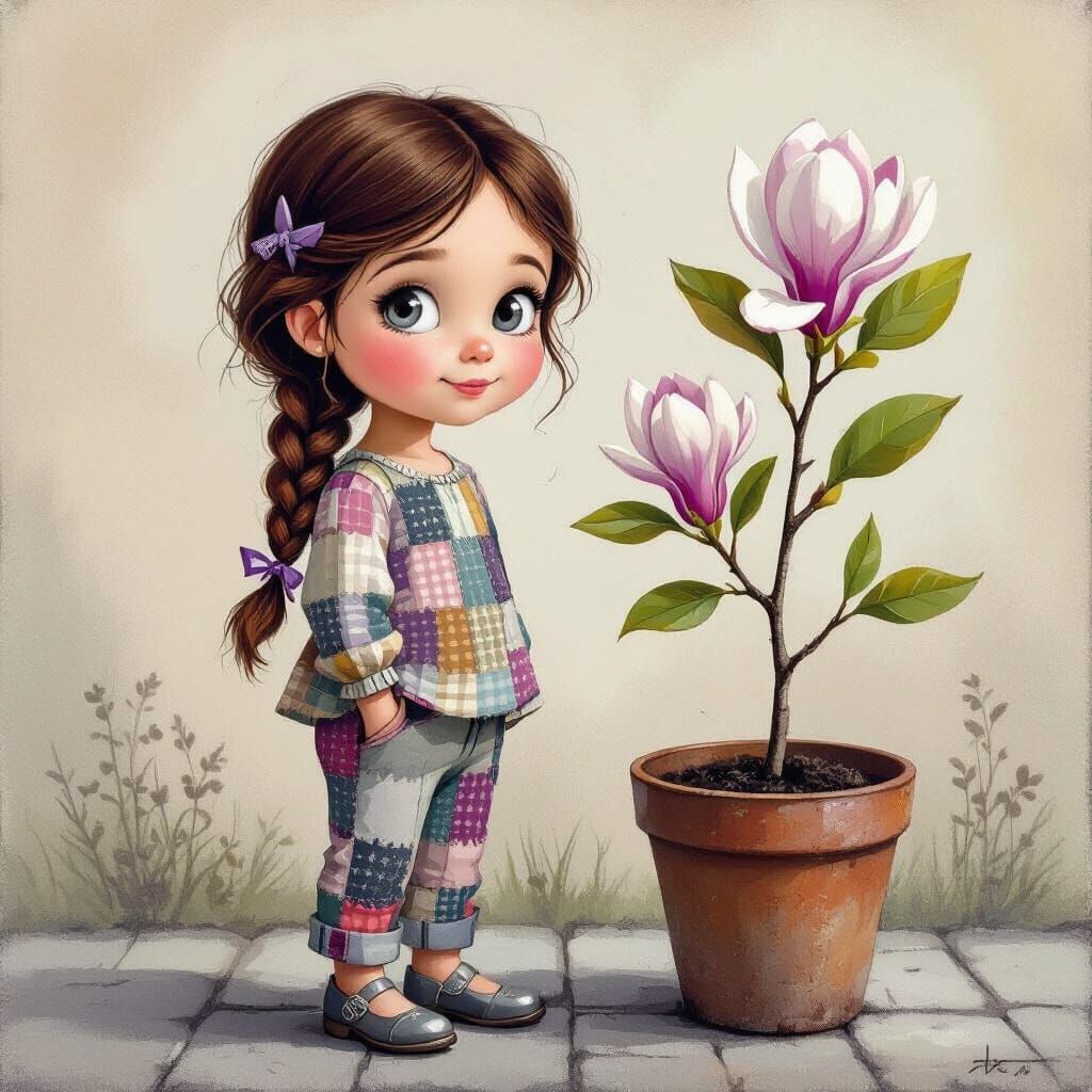 Chalk Art of Curious Girl with Magnolia Tree
