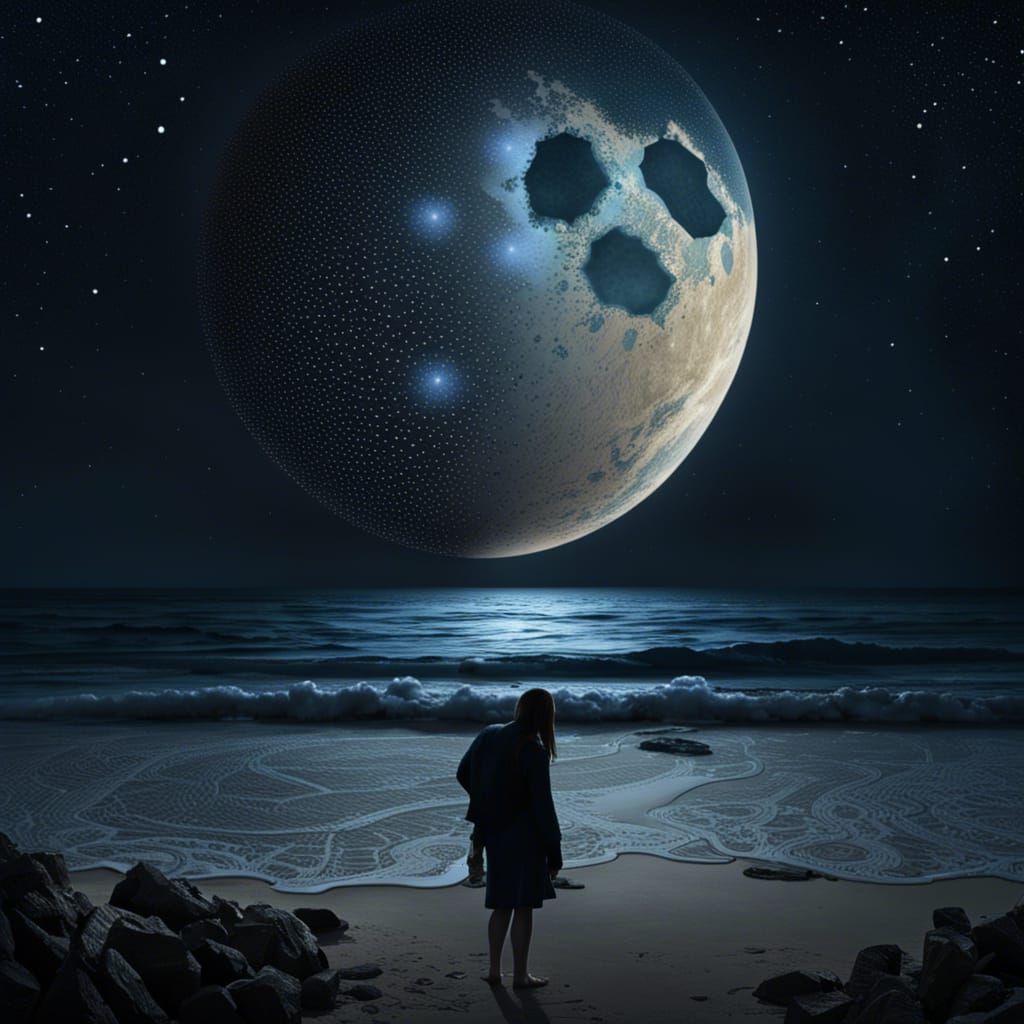 Crescent Moon and Stars Over the Sea