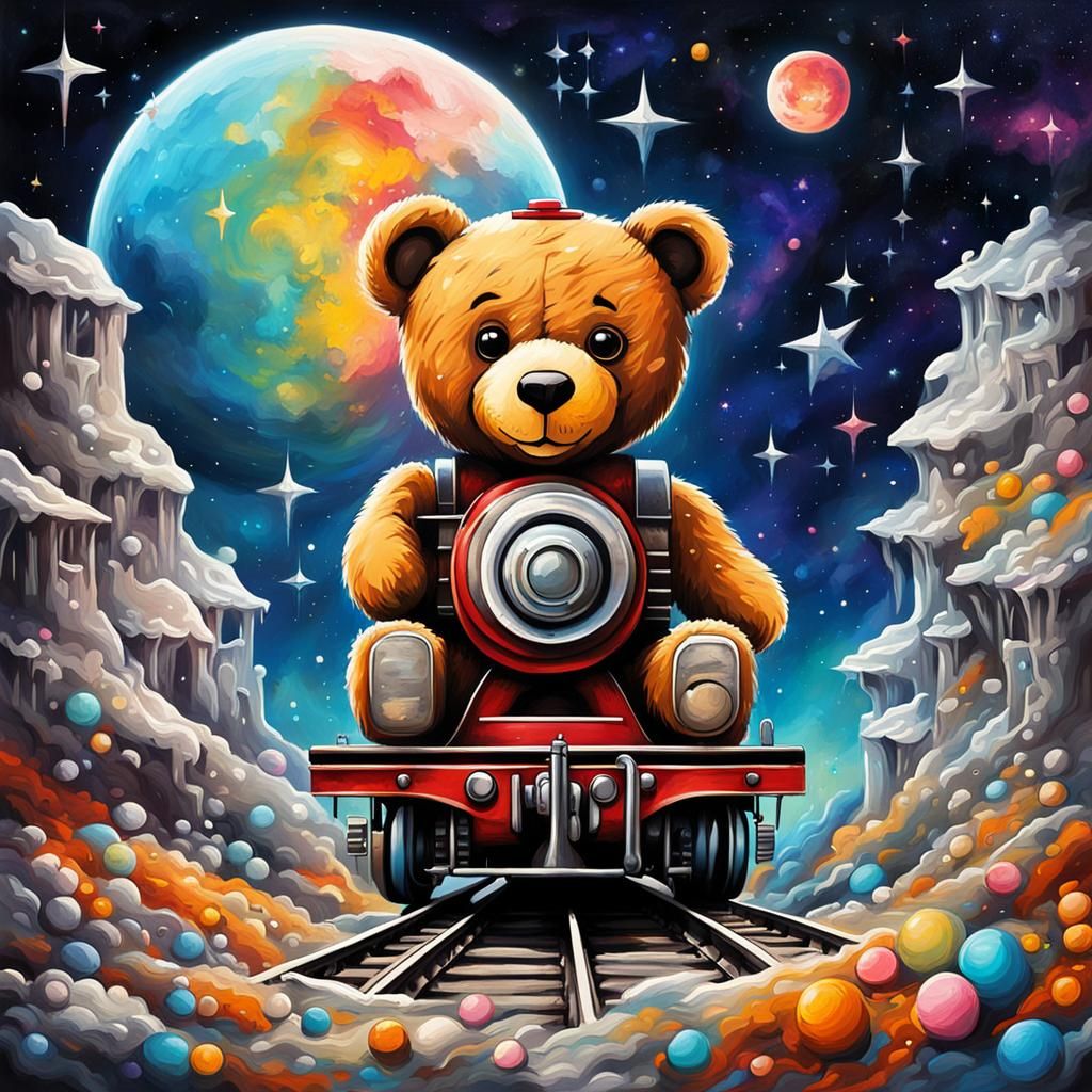 Teddy Bear's Lunar Train Adventure in Graffiti Art