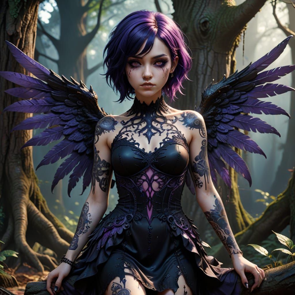 Gothic Graffiti Chibi Angel in 18k Alcohol Ink Style