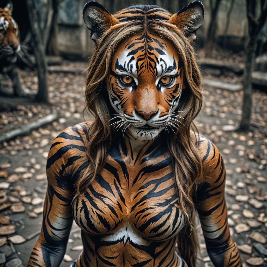 Woman in Tiger Body Paint, Hyperrealistic 64MP Photo
