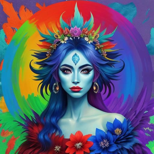 Dragon Woman with Rainbow Skin and Flower Crown