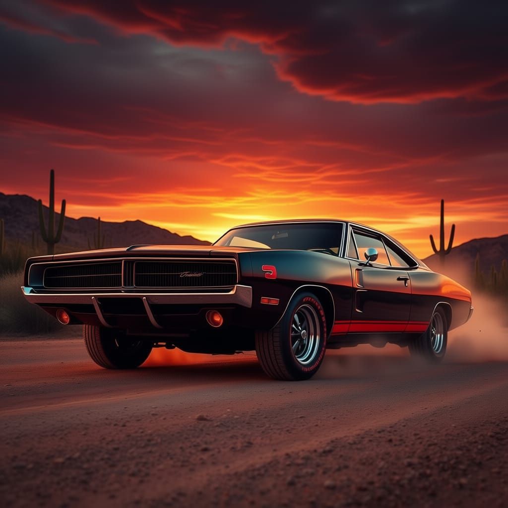 1969 Dodge Charger at Sunset on Desert Road