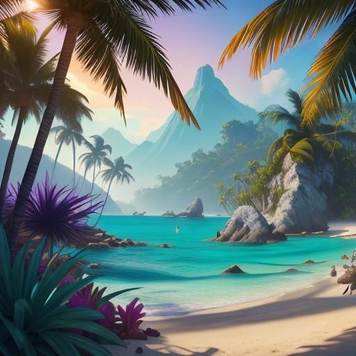 Tropical Beach with Glowing Seashells: Digital Matte Paintin...