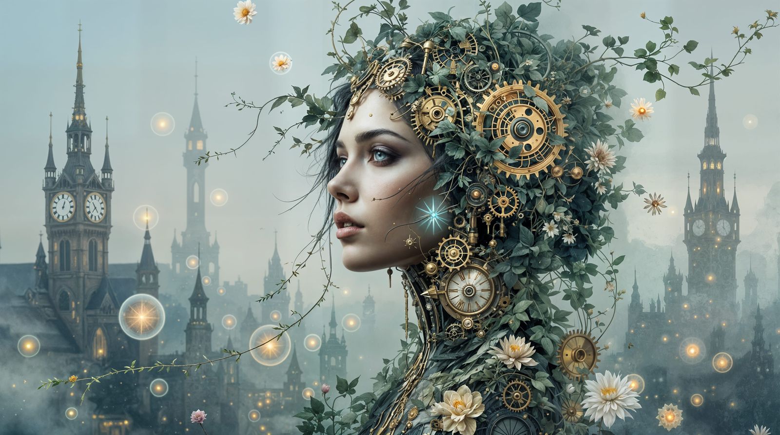 Surreal Dream Portrait with Steampunk Cityscape