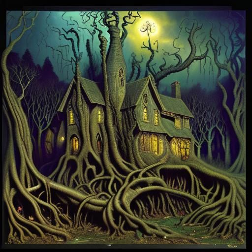 Surreal Oil Painting of a Twisted Village in Dark Fantasy St...