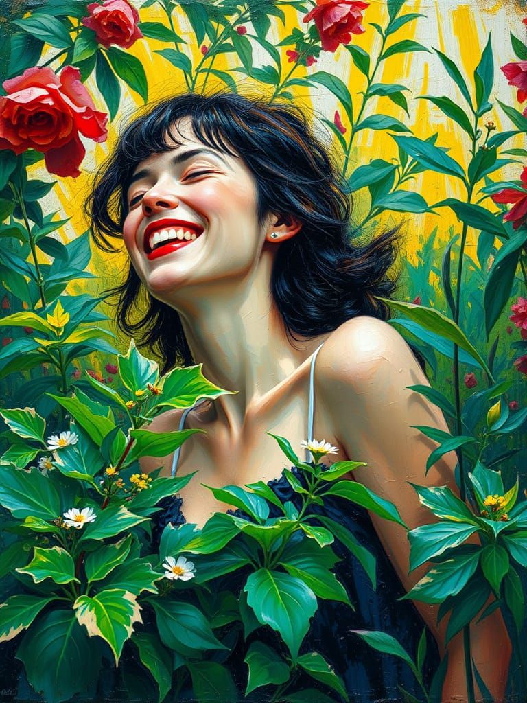 Woman Overwhelmed by Joy in a Vibrant Green Oasis