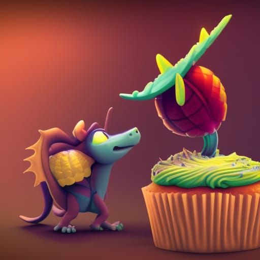 Cute Dragon Eats Cupcake in Pixar Style