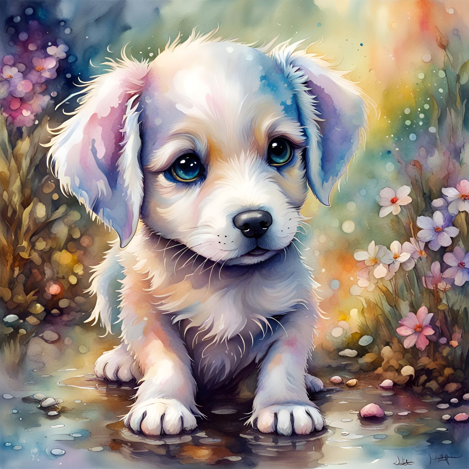 Fantasycore Puppy in Watercolor Style