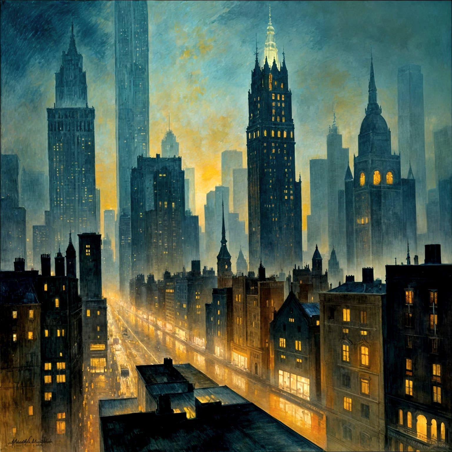 Foggy Cityscape at Night in Impressionist Style