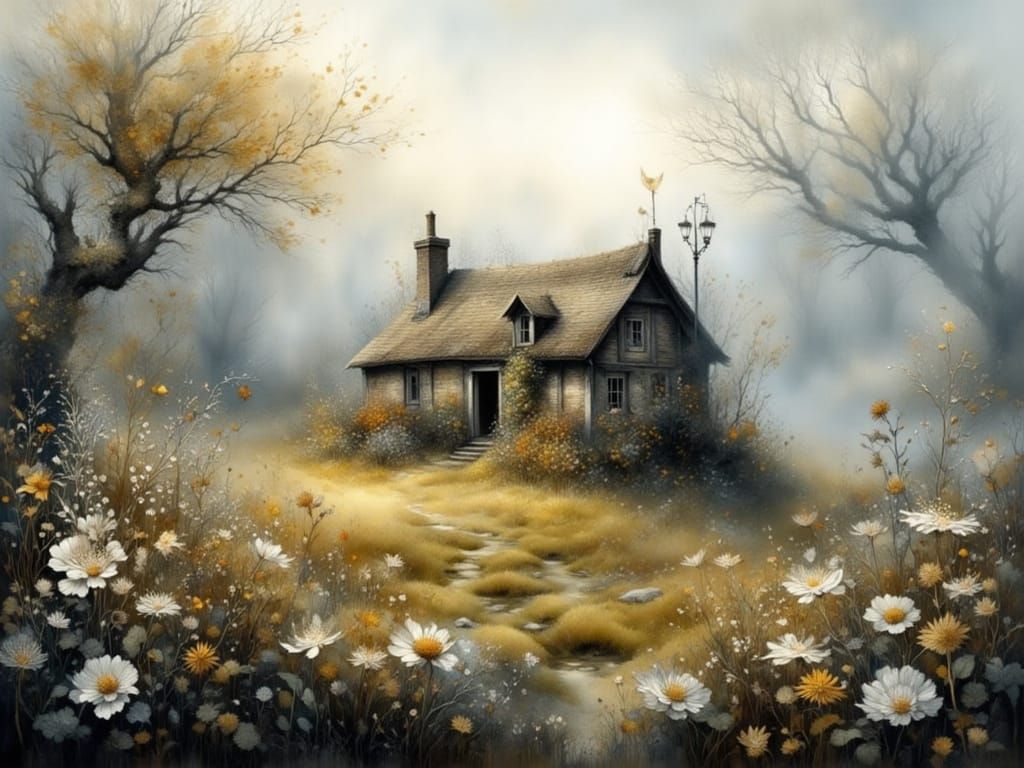 Ethereal Misty Summer Landscape with Secluded Cottage