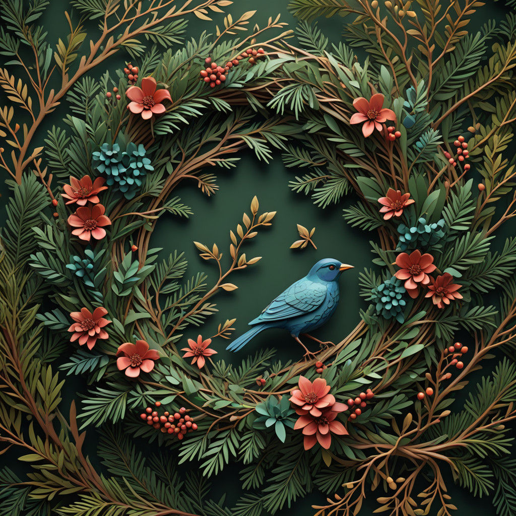 Surreal Bird Adorned with Evergreen Wreath in Fantasy Art