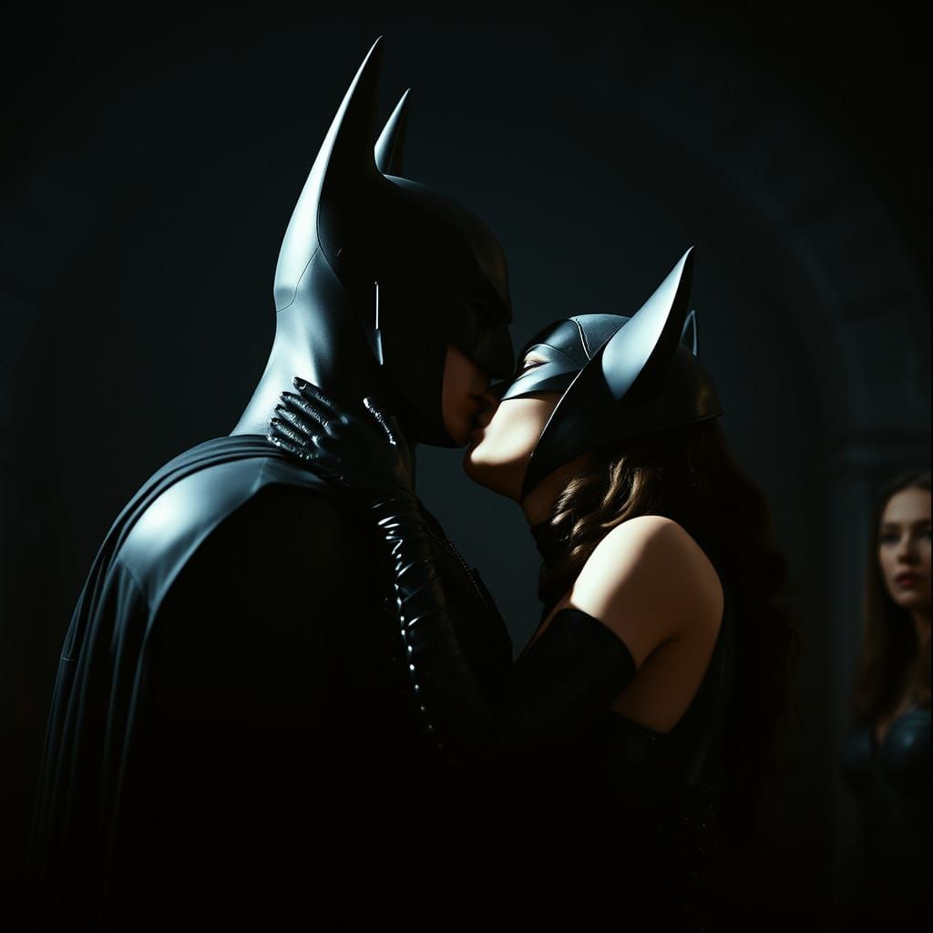 Batman and Catwoman Share a Passionate Kiss in the Batcave,....