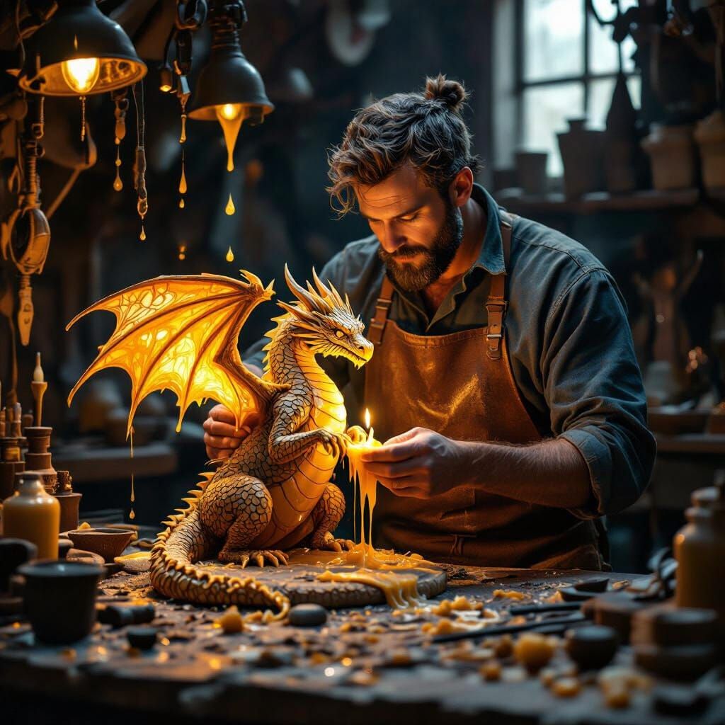Craftsman Sculpting Wax Dragon in Workshop