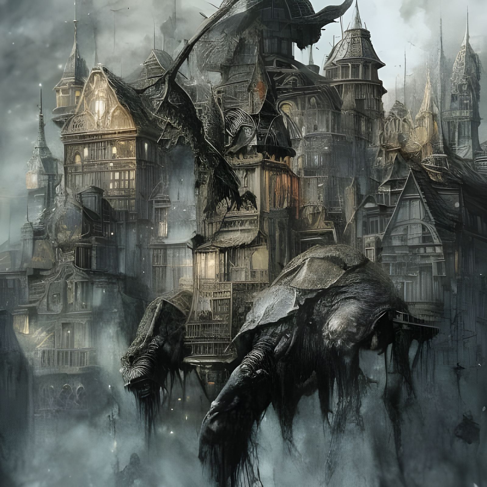 Eldritch Creatures in Futuristic City, Hyperrealistic Digita...