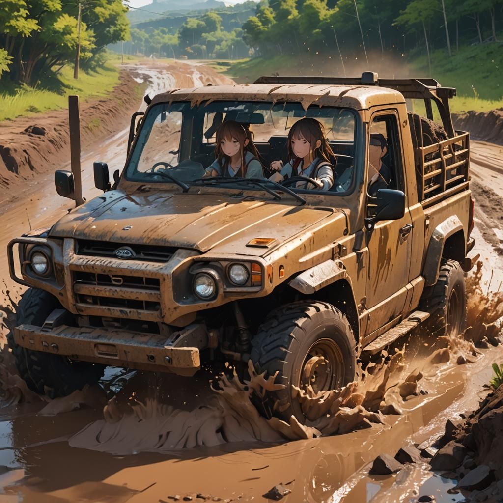 Anime Girl Driving Mud Truck in 3D Art