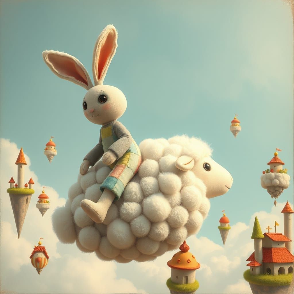 Bunny Toy Rides Sheep Cloud Through Candy Sky